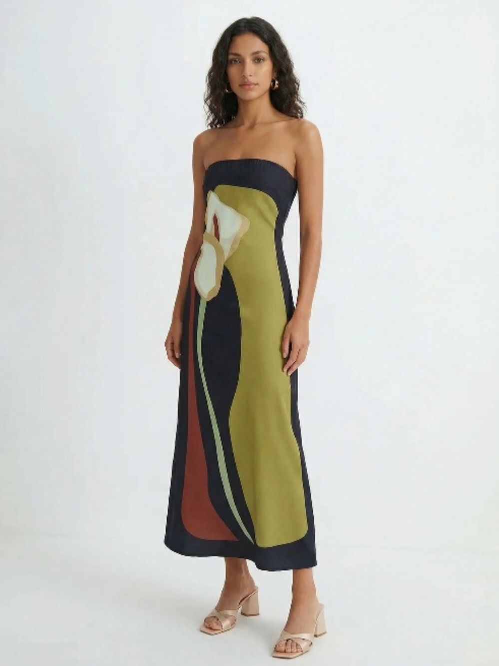 Abstract Strapless Floral-Print Maxi Dress in Olive and Black